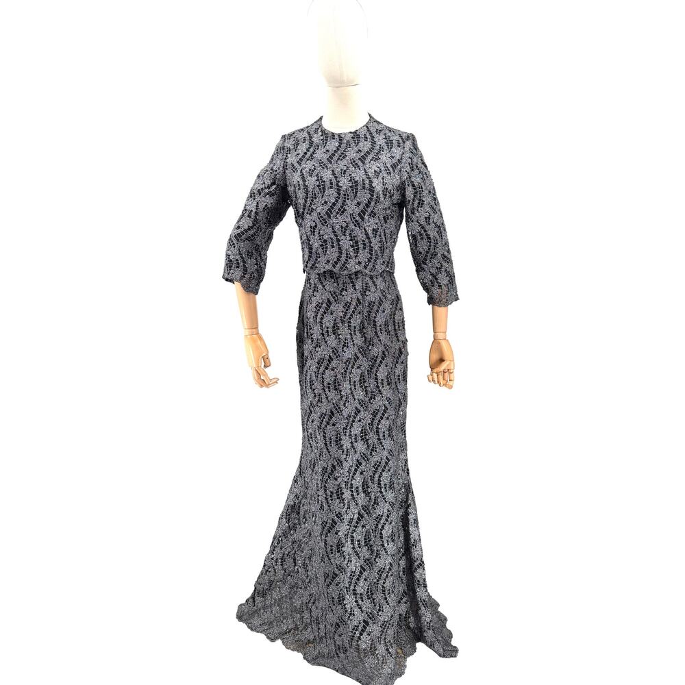 Vintage Y2K Gunmetal Black Metallic Lace Sequin Formal Evening Gown